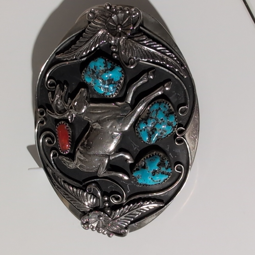 Vintage Silver Nickel Spiny Coral Turquoise Nugget Belt Buckle Deer Stag Squash